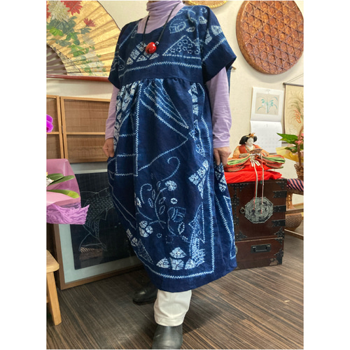 送料込み　チュニック　手作り　着物リメイク　花柄　パンタロン 藍染め絞りのチュニック ハンドメイド チュニック 着物リメイク 順子