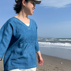 送料無料 藍染リネンの半袖シャツ ”ビーチウォーク” 3枚目の画像