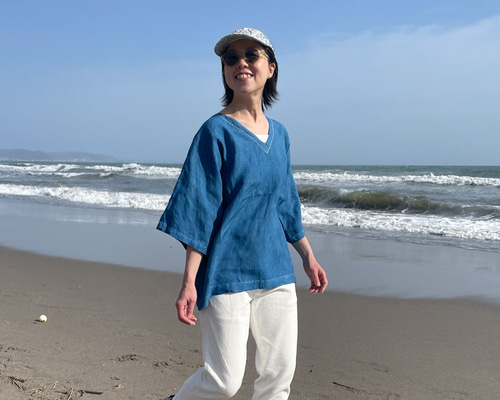 送料無料 SALE 藍染リネンの半袖シャツ ”ビーチウォーク” シャツ