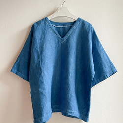 送料無料 藍染リネンの半袖シャツ ”ビーチウォーク” 4枚目の画像