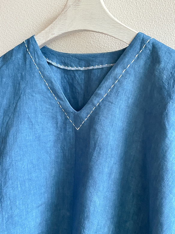 送料無料 藍染リネンの半袖シャツ ”ビーチウォーク” 5枚目の画像