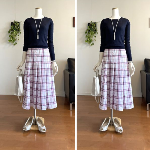 完成品】5号 ロングボリュームスカート(W後ゴム/朱・紫チェック