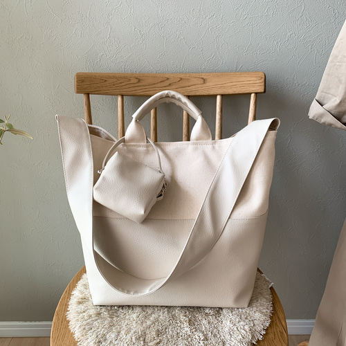 オトナトート舟型 （M）生成り×レザーライトベージュ 2way 軽量  