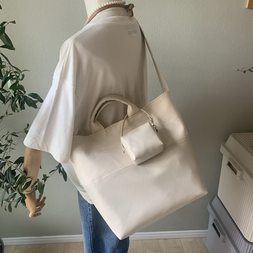 オトナトート舟型 （M）生成り×レザーライトベージュ 2way 軽量  