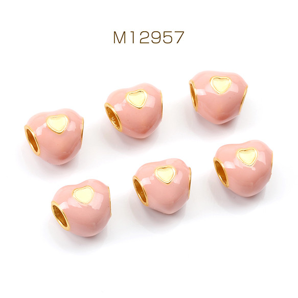 M12957  3個  メタルビーズ 大穴ビーズ ハート型 エポ付き ゴールド 10×11mm  3 x（1ヶ） 1枚目の画像