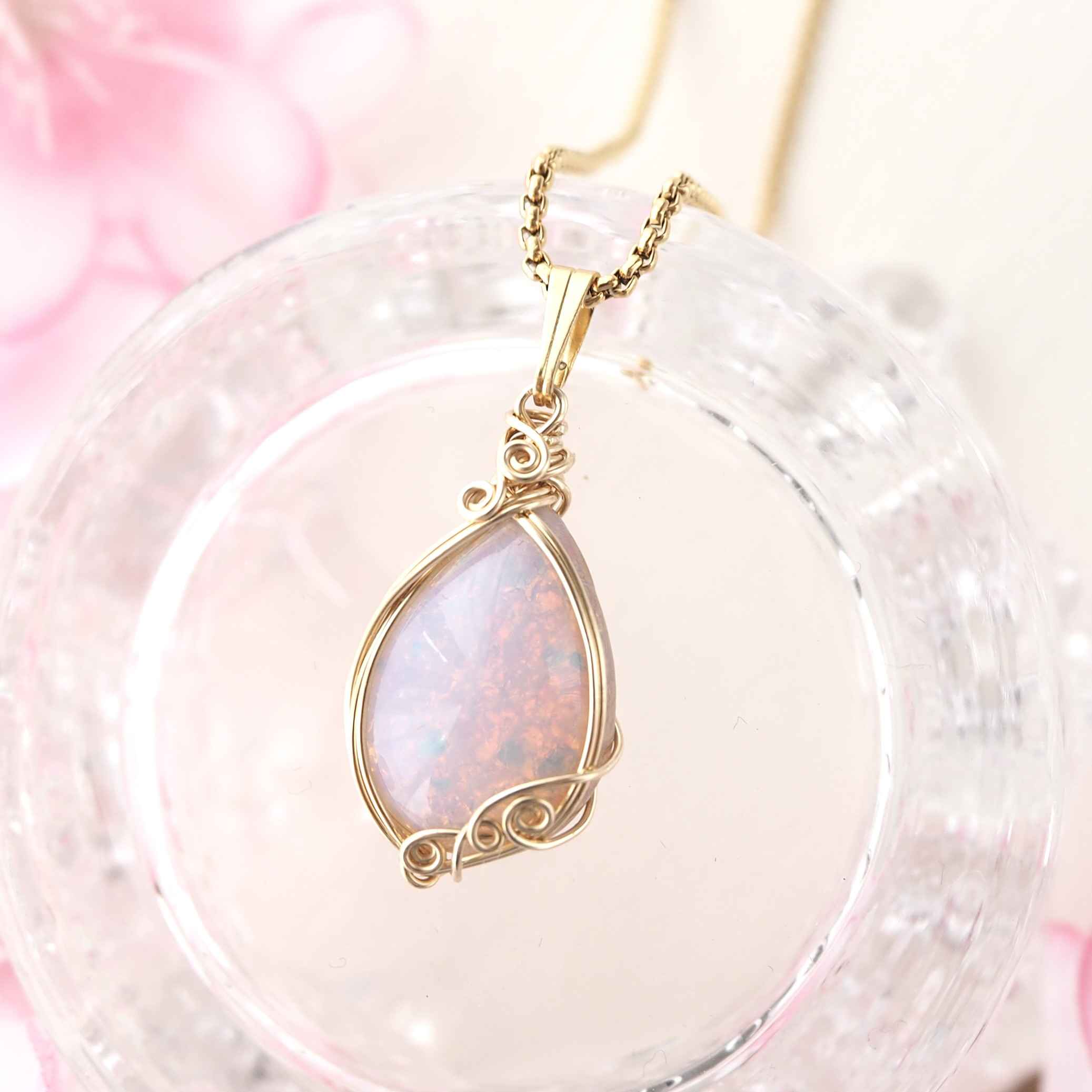 Vintage/ファイアオパール風グラスストーン ロングネックレス フカネ巻き サージカルステンレス ベネチアンチェーン