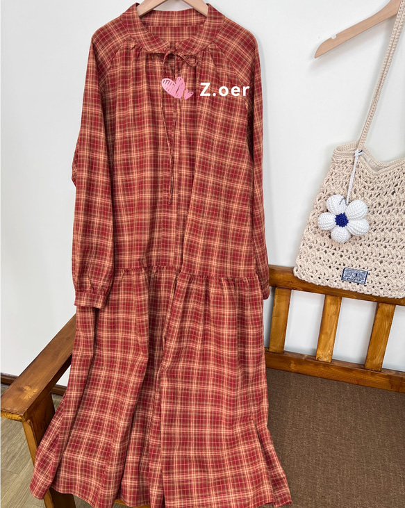 [受注]　綿100％  赤いチェックのワンピース   春夏のスカート 甘くてかわいい 4枚目の画像