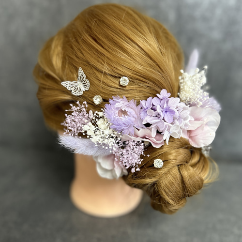 フラワーヘアアクセサリー 髪飾り 成人式 卒業式 金箔 胡蝶蘭 マム カスミ草 プリザーブド