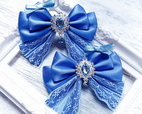 ☆再販 量産型 ヘアクリップ 2個セット 青 レース ヘアピン marumin