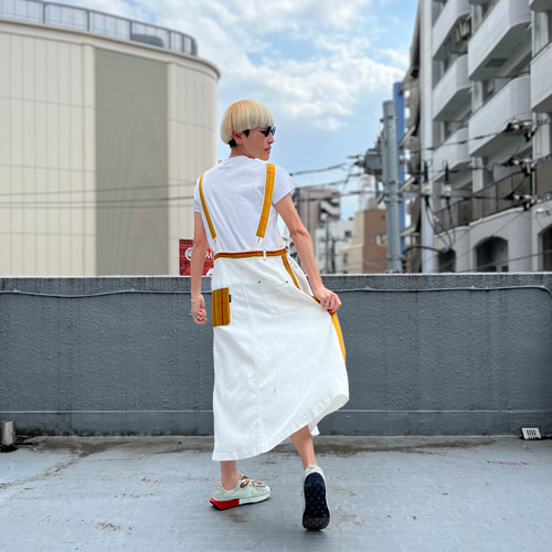 黄八丈パッチワーク ホワイトデニムサロペットスカート 着物 黄八丈パッチワーク ホワイトデニムサロペットスカート 着物