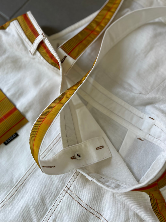黄八丈パッチワーク　ホワイトデニムサロペットスカート　着物リメイク　紬パッチワークUSEDデニムジャケット 15枚目の画像