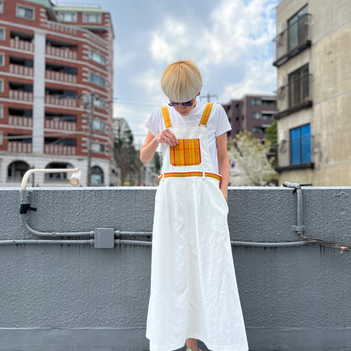 黄八丈パッチワーク ホワイトデニムサロペットスカート 着物 黄八丈パッチワーク ホワイトデニムサロペットスカート 着物