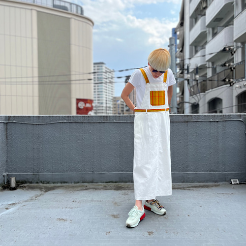 黄八丈パッチワーク ホワイトデニムサロペットスカート 着物 黄八丈パッチワーク ホワイトデニムサロペットスカート 着物