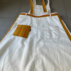 黄八丈パッチワーク　ホワイトデニムサロペットスカート　着物リメイク　紬パッチワークUSEDデニムジャケット 14枚目の画像