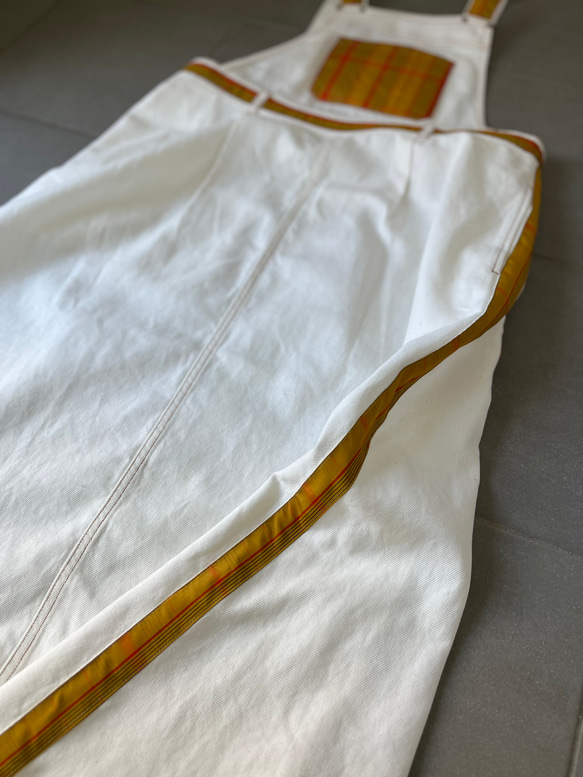黄八丈パッチワーク　ホワイトデニムサロペットスカート　着物リメイク　紬パッチワークUSEDデニムジャケット 10枚目の画像