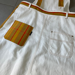 黄八丈パッチワーク　ホワイトデニムサロペットスカート　着物リメイク　紬パッチワークUSEDデニムジャケット 11枚目の画像