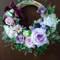フラワーリース 春 母の日 お花 プレゼント アンティーク パープル ローズ フラワーリース 春 母の日 お花 プレゼント アンティーク