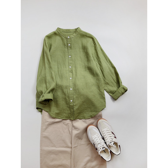 リネン  ブラウス    清涼感  バンドカラー   グリーン  シャツ トップス 無地  長袖 3枚目の画像