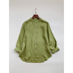 リネン  ブラウス    清涼感  バンドカラー   グリーン  シャツ トップス 無地  長袖 2枚目の画像