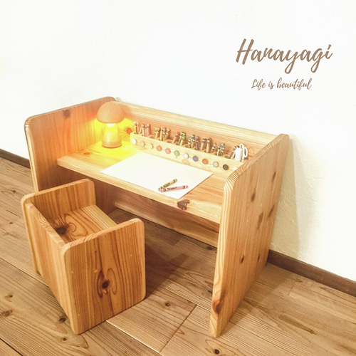 木製 キッズテーブルL & 変化椅子（天然杉）】学習机 おままごと
