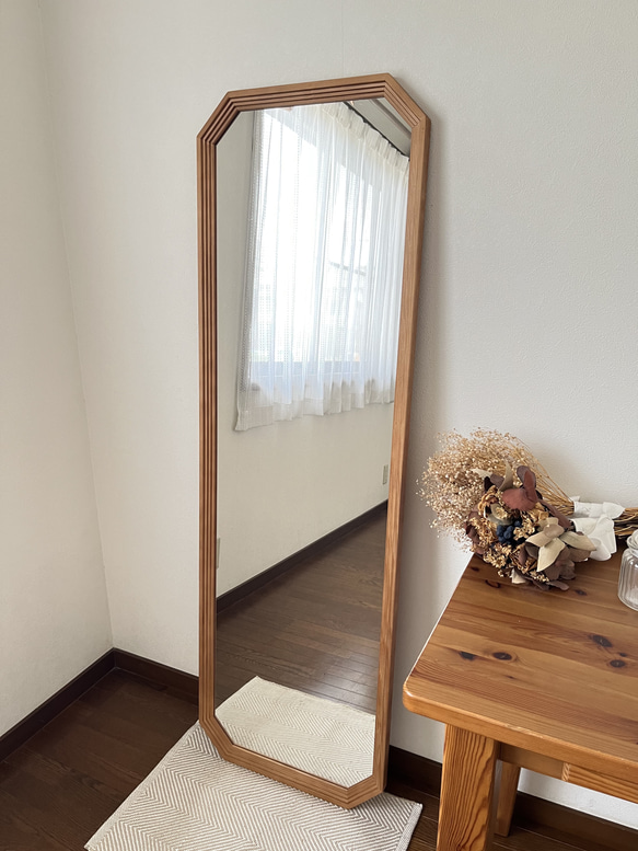 new【日本製】八角形カットデザインミラー　全身鏡　姿見　立て掛けミラー　ジャンボミラー　アンティーク調 7枚目の画像