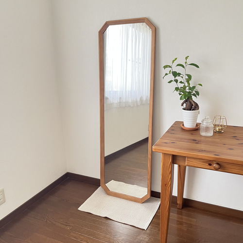 new【日本製】八角形カットデザインミラー 全身鏡 姿見 立て掛けミラー