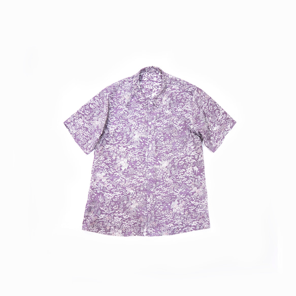 薄紫色、花柄シルク着物リメイク、半袖アロハシャツ、オリジナル