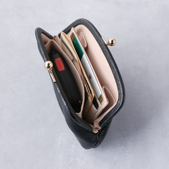 送料無料 フレンチゴート レザー シェーブル 小さい財布 Chevre がま口 ミニ財布 口金 ガマ口 ブラック 5枚目の画像