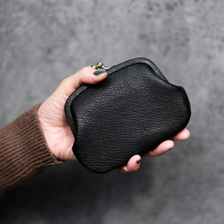 送料無料 フレンチゴート レザー シェーブル 小さい財布 Chevre がま口 ミニ財布 口金 ガマ口 ブラック 1枚目の画像