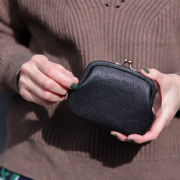 送料無料 フレンチゴート レザー シェーブル 小さい財布 Chevre がま口 ミニ財布 口金 ガマ口 ブラック 3枚目の画像