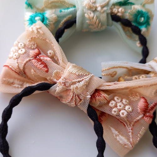 大人可愛いリボンヘアゴム☆インド刺繍リボン×ペタシャム×レースA198