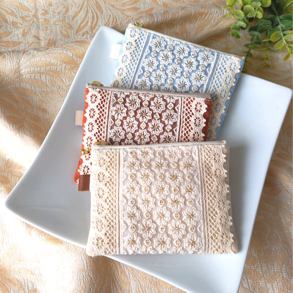 ポケットティッシュポーチ インド刺繍リボン 花柄 レース ポーチ
