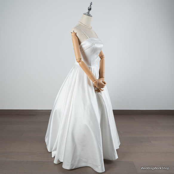可愛い ホワイト  キャミソー オフショルダー 細見えシルエット ウエディングドレス 花嫁/結婚式G188 5枚目の画像