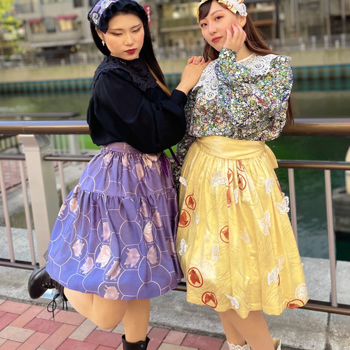 着物リメイク 1点もの【ヴィンテージ着物】ティアードスカート【紫 蝶