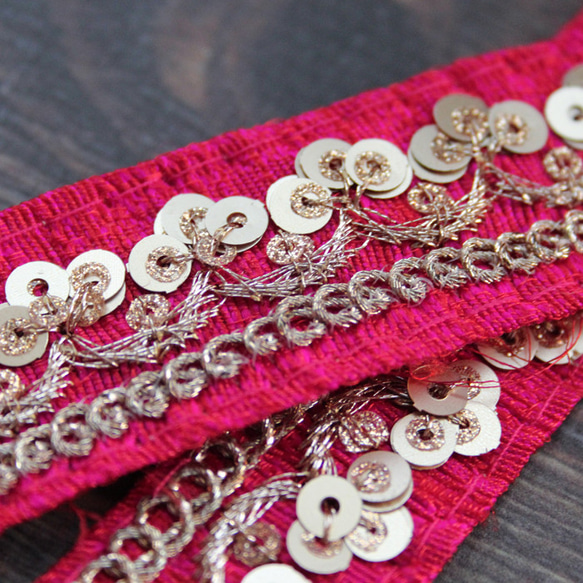 【２０cm単位】インド 刺繍 リボン レース：各ローズ、ダークグリーン、ピンク、ベージュ（IRL160） 5枚目の画像