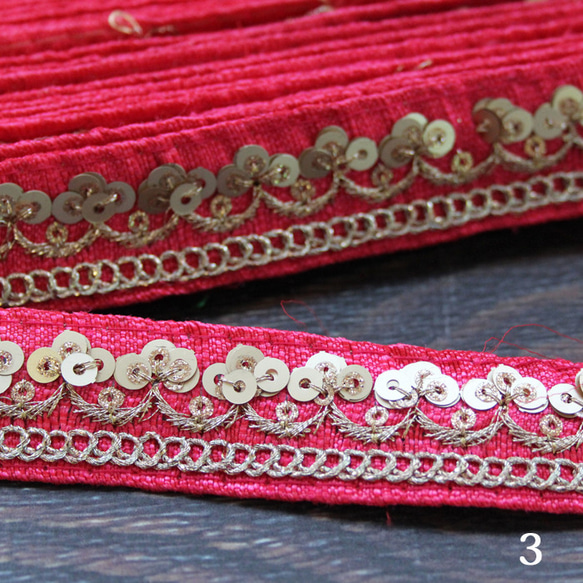 【２０cm単位】インド 刺繍 リボン レース：各ローズ、ダークグリーン、ピンク、ベージュ（IRL160） 10枚目の画像
