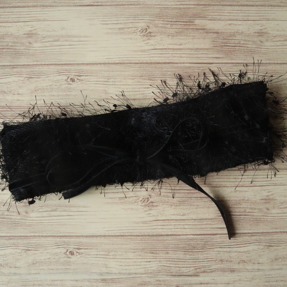 シャギーフリンジのヘアバンド（リボンで結ぶタイプ・ブラック） 5枚目の画像