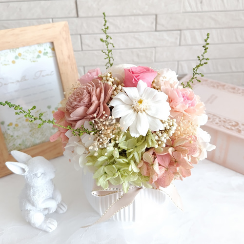 プリザーブドフラワー陶器アレンジメント✨ ピンクホワイトグリーン