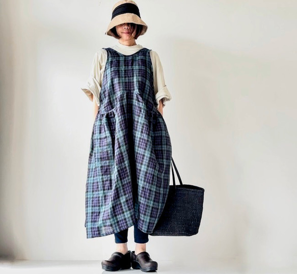 薄手リネン**ブラックウォッチ 2way リネン100% ギャザーポケット  