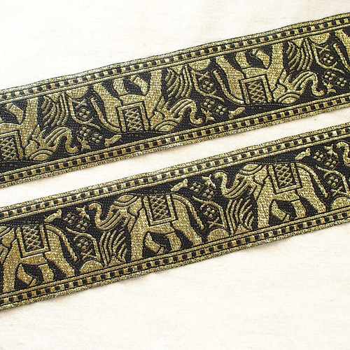 50cmより インド刺繍リボン チロリアンテープ 黒 象☆民族衣装☆手芸