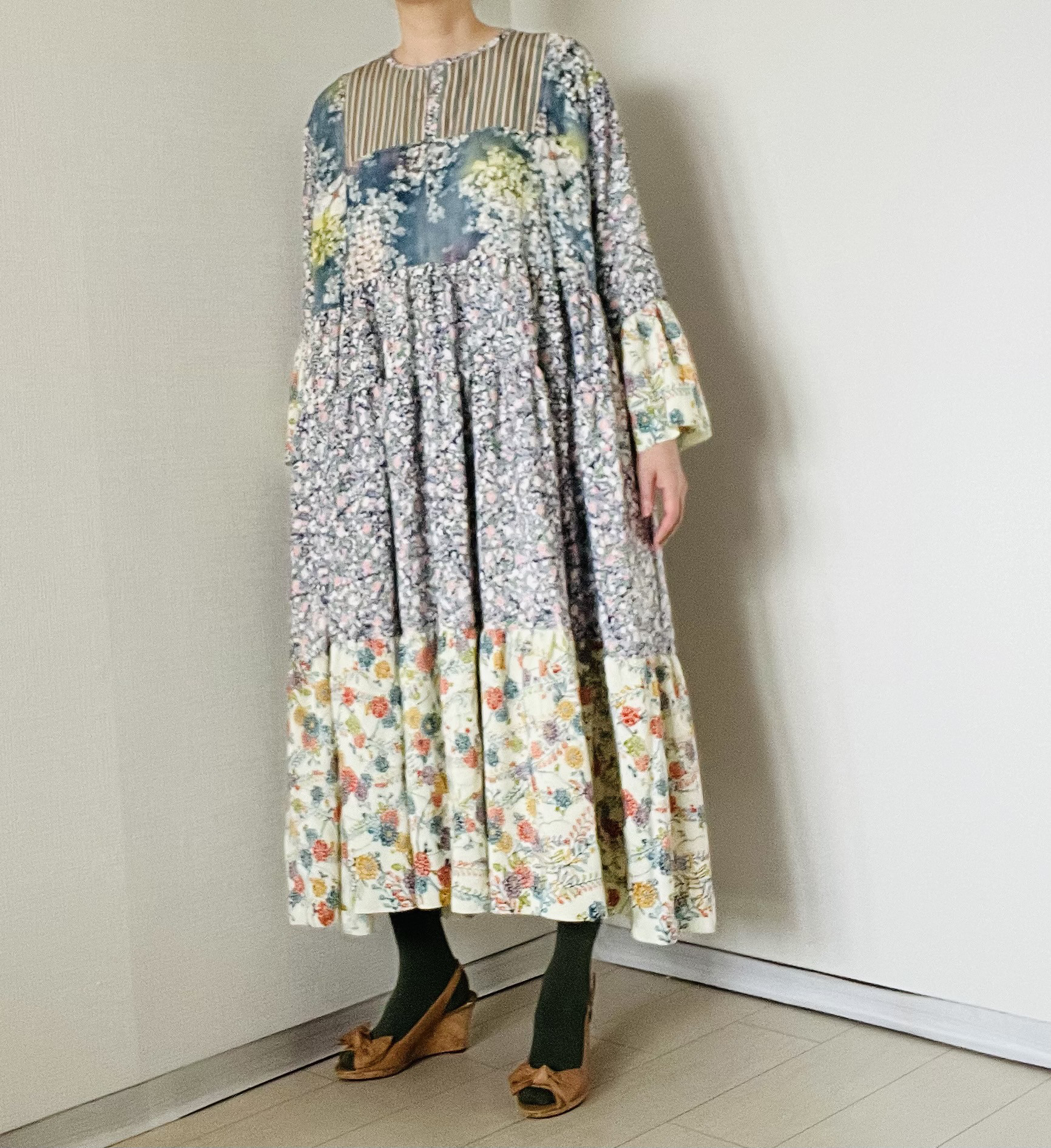 KIMONO de ブルーミング・ティアードワンピース・シルク１００％/高身長モデルサイズ・花満開・春