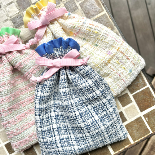 ツイード巾着 ポーチ（ブルー×ホワイト） 巾着袋 Brillio 通販