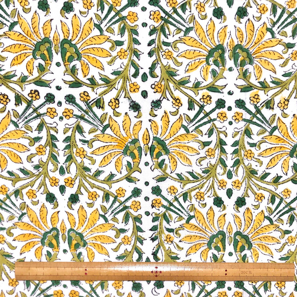【50cm單位】白黃花綠藤印地安手工版畫布料棉布 第6張的照片