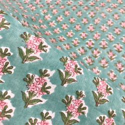 【50cm単位】ピーコックグリーンピンクスモールフラワー　インド　ハンドブロックプリント生地  コットン 5枚目の画像