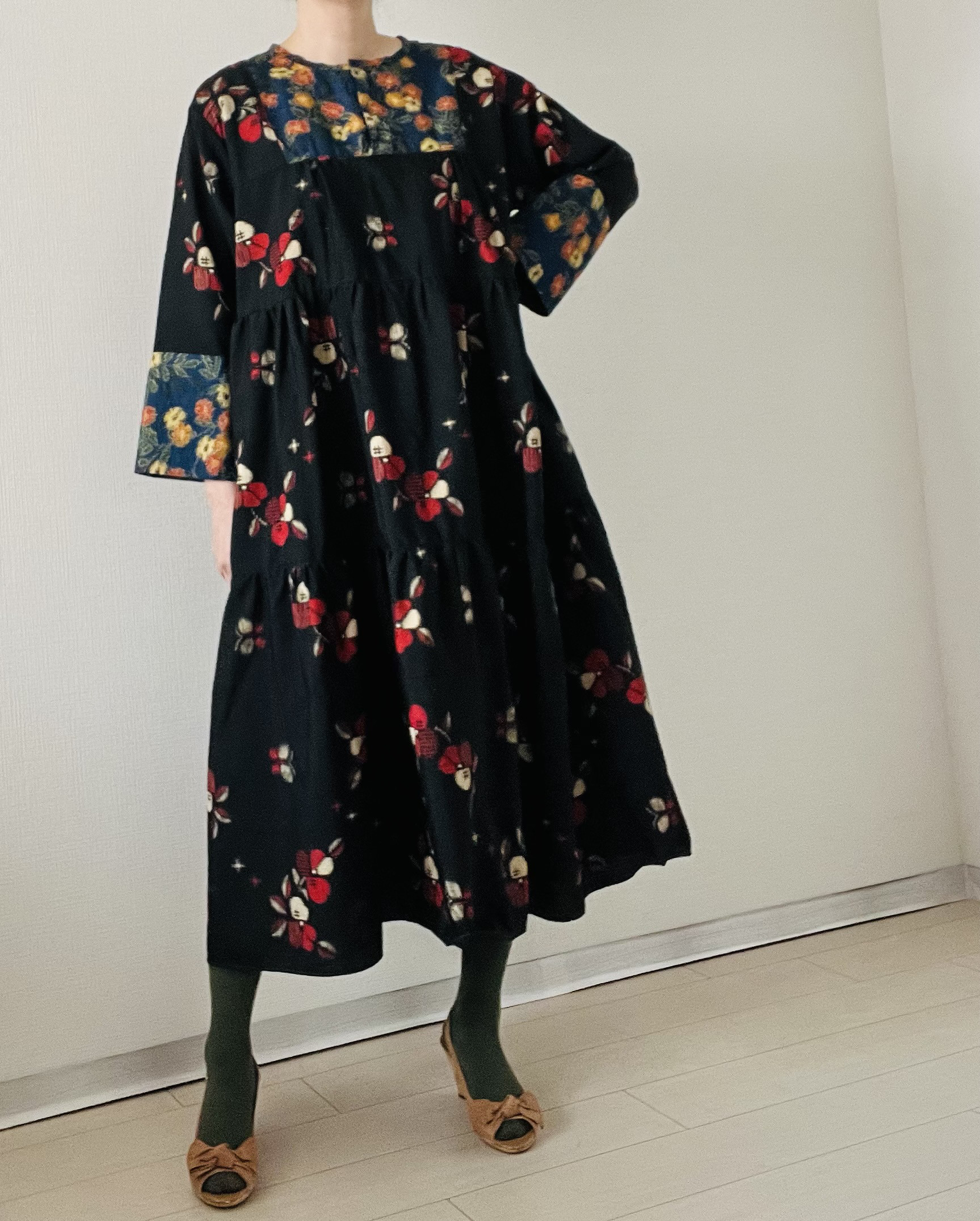 KIMONO de ティアードワンピース・絣・ウール１００％/高身長モデルサイズ