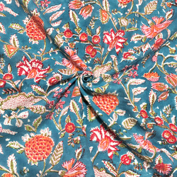 【50cm單位】藍色七彩花朵印度手版印花布料棉質 第1張的照片