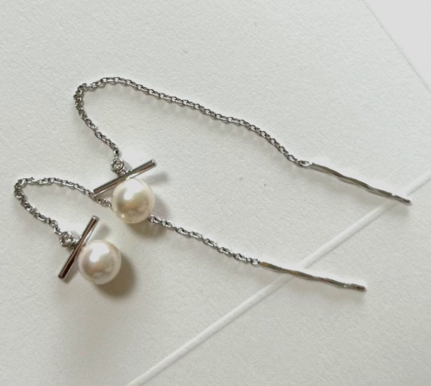 K18WG 0.06ctダイヤモンド&あこやベビーパールチェーンピアス