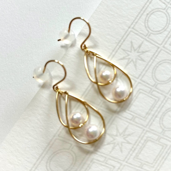 K18 ニ連しずく あこやベビーパールピアス ピアス（フック・チェーン  