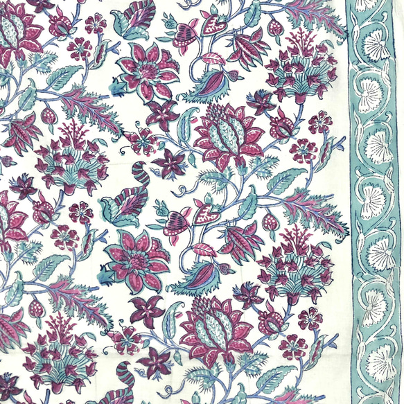 【50cm單位】白色淺藍色紫色花朵帶一耳邊框印度手工塊印花布料棉質 第1張的照片