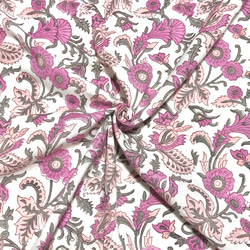【50cm單位】白色粉紅色紫色花朵帶一耳邊框印度手工塊印花布料棉質 第2張的照片